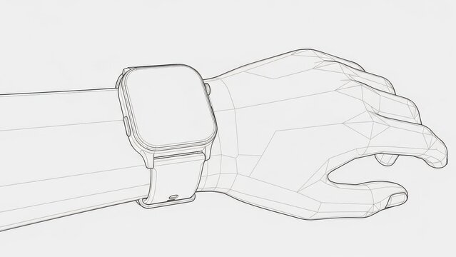 Geometric outline rendering of a human hand featuring a contemporary digital wearable smart device