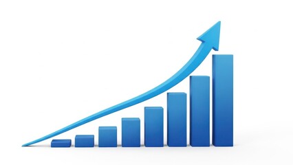 Blue bar graph showing upward trend with arrow
