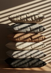Stacked soft pillows in natural colors with strong shadows and textures
