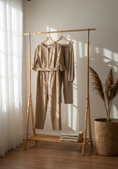 Stylish beige clothing set hanging on a wooden rack against a white wall