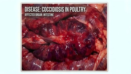 Coccidiosis disease in poultry intestine, severe intestinal damage, veterinary pathology, affected organ