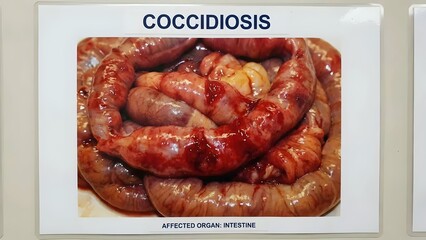 Veterinary pathology image showing a diseased intestine affected by coccidiosis in an animal