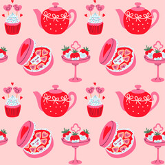 Seamless Valentine tea time pattern with red teapots, heart chocolate boxes, dipped strawberries, and lovebird cupcakes on a soft pink background, perfect for romantic wrapping paper, fabric, and