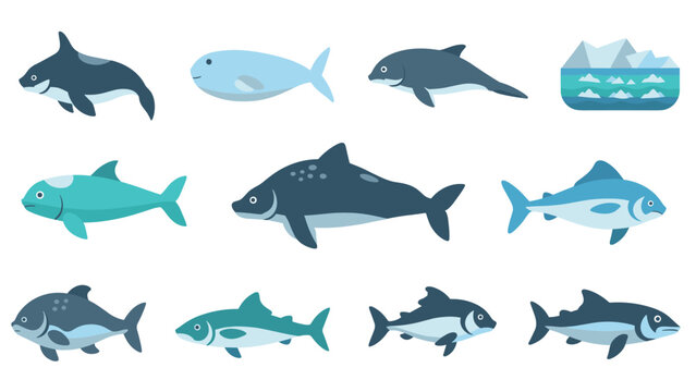 Cartoon aquatic life: diverse fish collection and iceberg scene