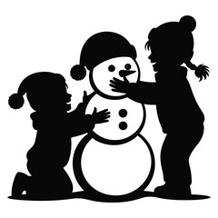 Children Making Snowman Together Winter Season Outdoor Activity Festive Fun Cold Weather Holiday Time Happy Childhood Friendship Vector Illustration