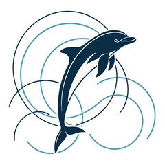 Naklejka premium Vector illustration of a blue marine fish and dolphin silhouette set featuring cartoon shark icons and aquatic animal symbols for sea nature logo design