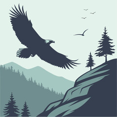 Obraz premium Vector illustration of a majestic eagle and vulture flying over forest mountains with black bird silhouettes and wings spread in a nature design symbolizing freedom