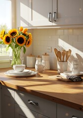 Sunflowers and kitchenware on countertop with sunlight and copy space