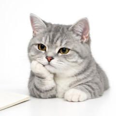 Cute Cat with Different Colored odd Eyes Thinking pose on White Background