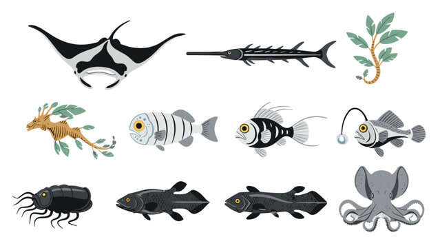 Diverse ocean life: unique sea creatures collection in simple style