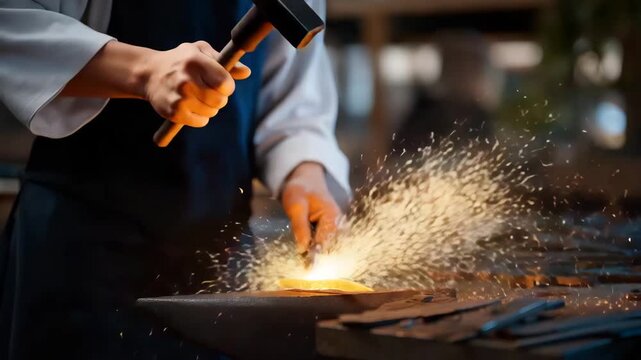 A traditional metalworker forging patterned Damascus steel in a dim workshop, sparks flying as layered metal reveals ancient techniques &mdash; heritage metallurgy, ancestral craftsmanship, and slow-made