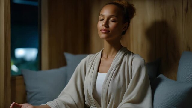 A wellness professional offering guided meditation sessions in a quiet relaxation booth, soft cushions, natural wood textures, and dim lighting creating a calming micro-environment &mdash; stress relief,