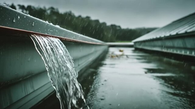 Medium shot of rainwater flowing through gutters on a rooftop showcasing efficient water collection during a rainy day