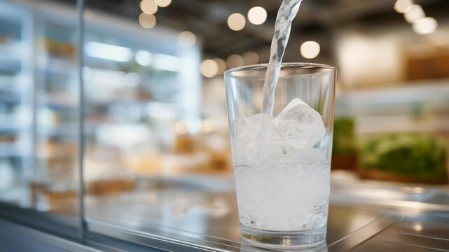 A modern fridge with built-in water filter dispensing chilled, purified water as ice cubes clink into a glass &mdash; kitchen appliance innovation, everyday hydration, and convenience-forward design.