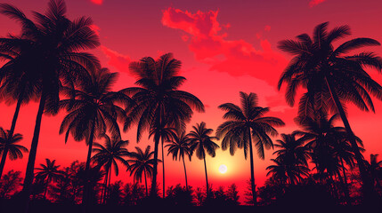 Obraz premium Palm trees at sunset, their colors blending across the sky in shades of pink, golden yellow, and orange, creating a warm and serene atmosphere.
