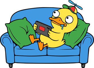 Cartoon duck relaxing kids room digital illustration playful environment fun perspective enjoying tablet on couch whimsical atmosphere for children's entertainment