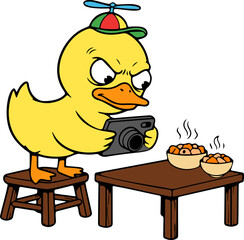 Playful cartoon duck enjoying delicious food in a colorful park vibrant illustration capturing joyful kids in a lively outdoor environment whimsical perspective