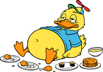 Playful cartoon duck enjoying delicious treats colorful park picnic whimsical illustration fun outdoor environment childlike perspective joyful food adventure