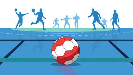Silhouette of players engaged in sports with red and white soccer ball on blue field