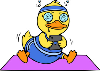 Playful cartoon duck exercising with mobile phone in a colorful park engaging kids in fun activities vibrant environment whimsical concept for active learning