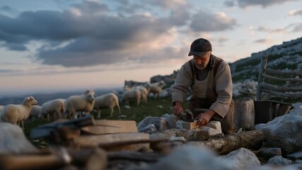 A shepherd repairing an old wooden fence at dusk, tools scattered nearby while sheep graze behind him — maintenance work, rural craftsmanship, and real everyday farm responsibilities. cinematic