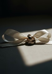 Wedding rings with ribbon symbolizing marriage and commitment isolated