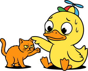 Playful cartoon duck meets curious cat colorful playground children&rsquo;s adventure story whimsical environment fun perspective imagination and friendship