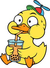 Cartoon duck sipping boba tea colorful park kids illustration whimsical environment playful viewpoint vibrant life concept for fun and imagination