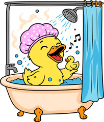 Joyful cartoon duck singing in bathtub kids' bath time adventure colorful art fun bathroom environment playful perspective imaginative life concept