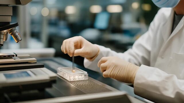A scientist adjusting microgram laboratory scales inside a sterile environment, gloved hands steady as powdered samples settle &mdash; analytical chemistry, high-precision measurement, and research-grade