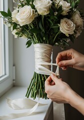 Woman arranging elegant white rose bouquet by window detail