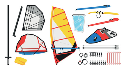 Windsurfing equipment set featuring sails, boards, and accessories in flat style