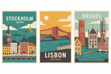 Naklejka premium Vintage Travel Posters of Stockholm, Lisbon, and Bruges Cities in Europe