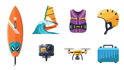 Water sports and adventure equipment set with modern flat design elements