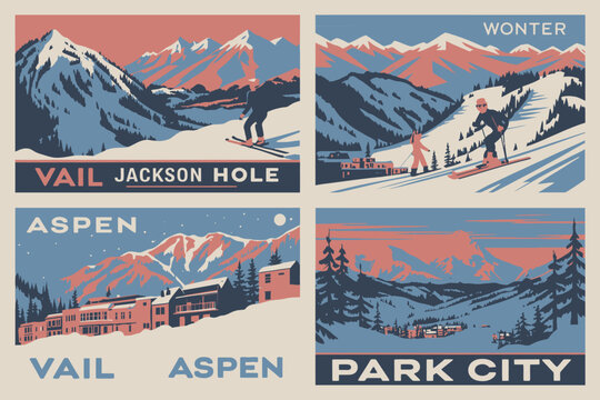 Vintage Ski Resort Posters Collection Featuring Vail, Aspen, Jackson Hole, Park City