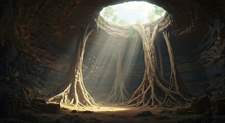 Mysterious Underground Cave Sanctuary with Sun Rays Filtering Through Canopy