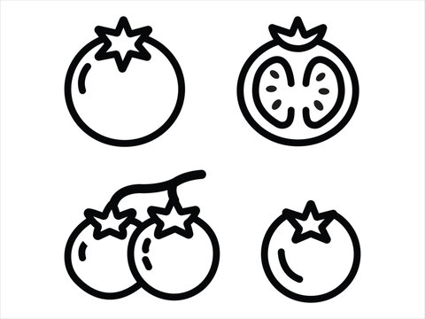 omato Icon Set, Minimalist Outline Vector Illustrations of Whole, Sliced, and Cherry Tomatoes