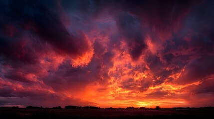 Fototapeta premium Dramatic sunset over a dark rural field features intense fiery red and orange clouds filling the sky with a silhouette of the horizon.