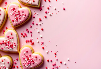 Cookies in the shape of hearts, a delicious treat, a Valentine's day concept. The pink background is the place for the text.
