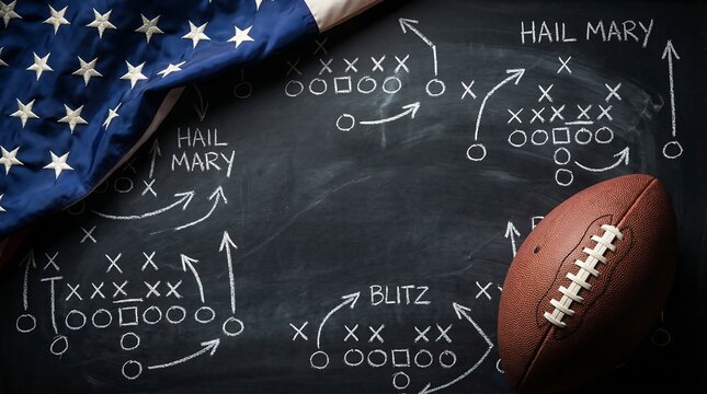 A strategic look at american football with a play diagram, ball, and american flag