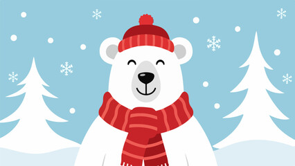 Cheerful cartoon polar bear in red hat and scarf standing in snowy winter landscape with pine trees