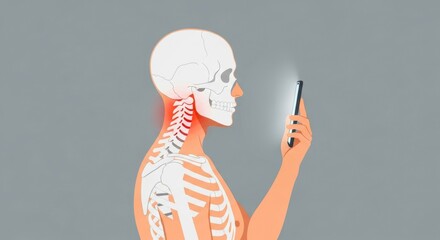 Person using a smartphone overlaid with a skeletal structure diagram. Suitable for medical, technology, anatomy, digital health concepts.
