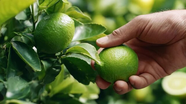 Medium shot of hand gently squeezing ripe lime displaying soft texture variation against leafy background.