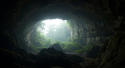 Mysterious Cave Entrance Opening to Lush Tropical Jungle Light
