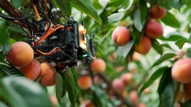 Medium shot showing a sensorbased robotic fruit picker detecting optimal fruit ripeness through touch and color sensors while harvesting in a controlled farm environment.