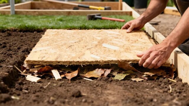 Medium shot of biodegradable materials being carefully layered on a construction site to promote ecofriendly soil preservation and natural decomposition methods