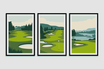 Fototapeta premium Golf Course Landscape Triptych Artwork with Sand Traps and Water Features