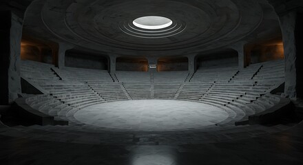 Mysterious Empty Stone Arena with Central Skylight and Seating