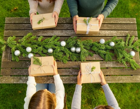 Familia abriendo regalos de Navidad en un jard&iacute;n o terraza, sobre una mesa de madera con decoraci&oacute;n navide&ntilde;a ligera