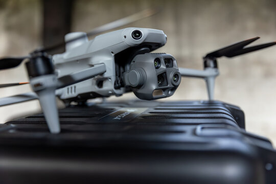 Detailed macro shot of a sophisticated drone multi-lens camera system for industrial inspection and monitoring
